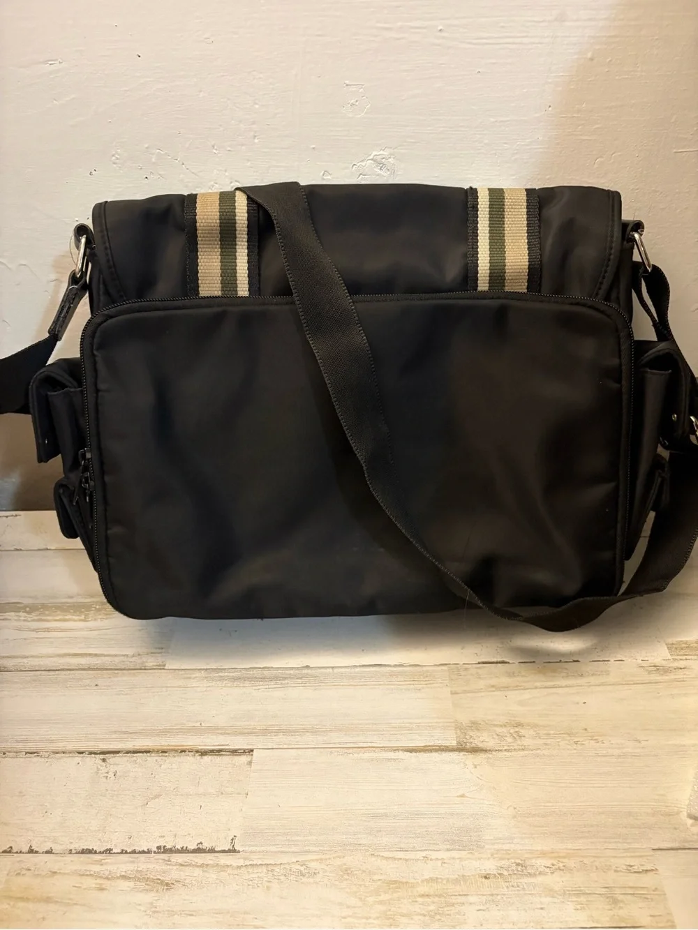 Rosetti Black Tote Messenger with Tan and Cream Stripes